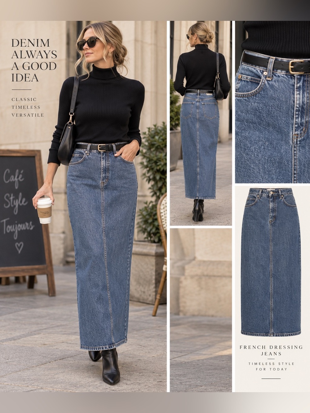 Classic High-Rise Blue Denim Maxi Skirt